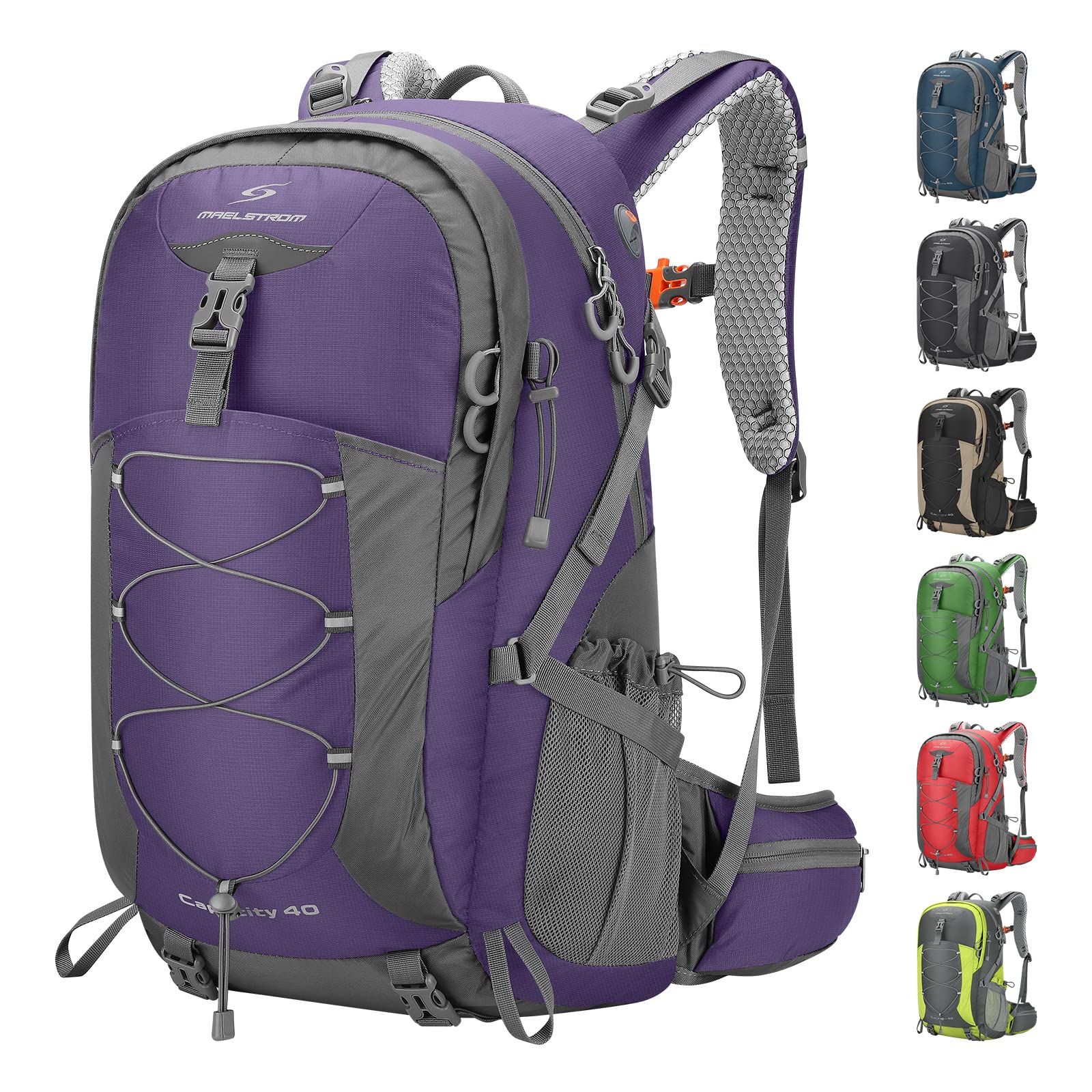 Maelstrom Purple Waterproof 40L Hiking Backpack for Outdoor Adventurers with Rain Cover